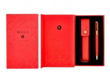 Pluma y estuche cuero belius passion dor aluminio textura cepillada color rojo y dorado tinta azul caja de diseño Pluma y estuche cuero belius passion dor aluminio textura cepillada color rojo y dorado tinta azul caja de diseño