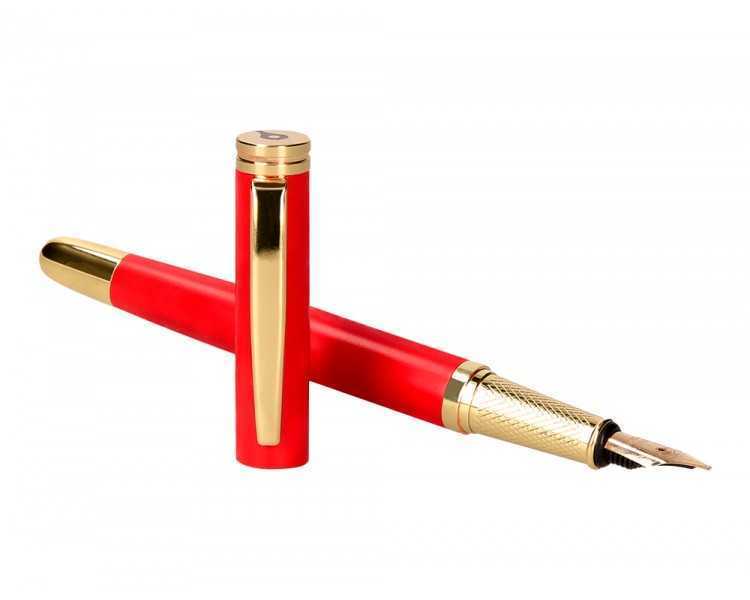 Pluma y estuche cuero belius passion dor aluminio textura cepillada color rojo y dorado tinta azul caja de diseño