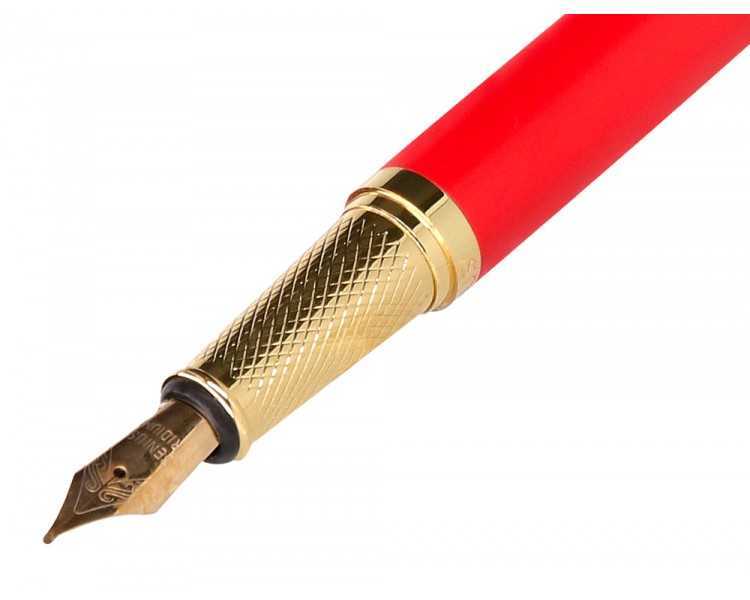 Pluma y estuche cuero belius passion dor aluminio textura cepillada color rojo y dorado tinta azul caja de diseño