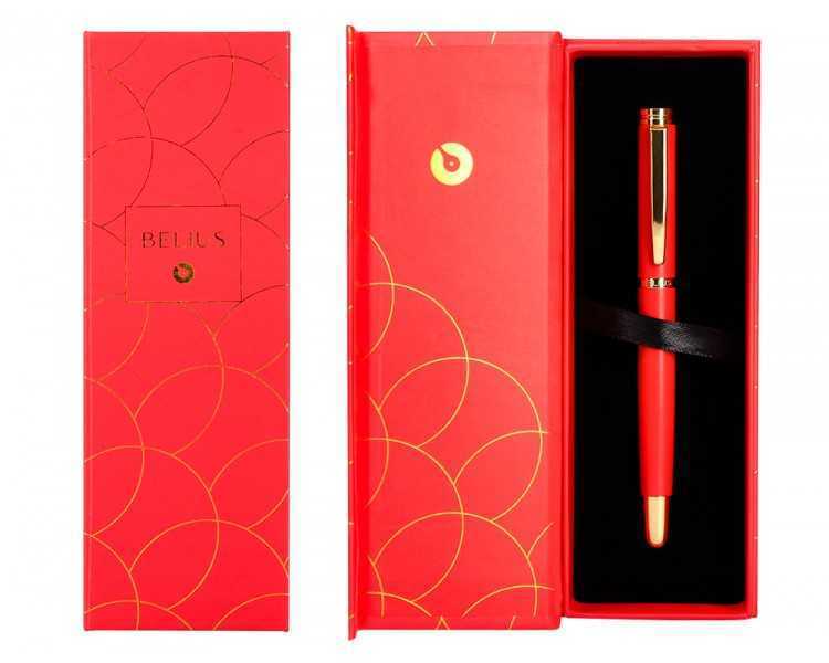 Boligrafo belius passion dor aluminio textura cepillada color rojo y dorado tinta azul caja de diseño