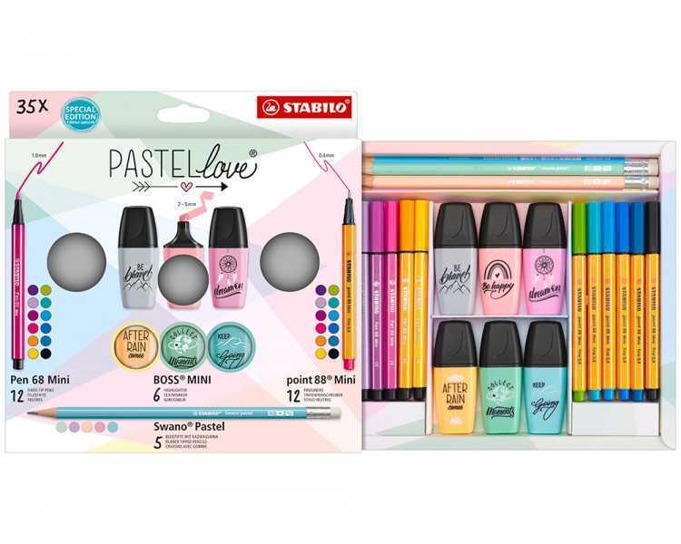 Set stabilo pastel love mini world pen 68 / point 88 / boss / swano 35 unidades surtidas