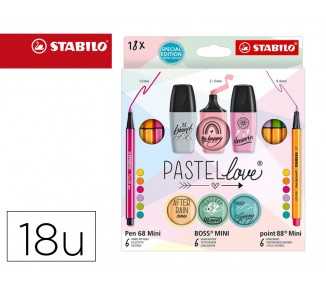 Set stabilo pastel love mini world pen 68 / point 88 / boss 18 unidades surtidas