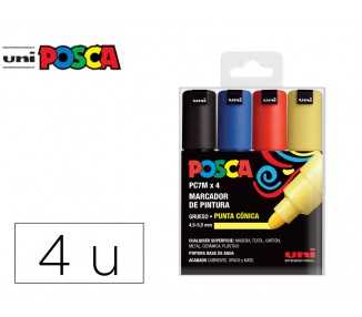 Rotulador uni posca pc-7m/4c marcador de pintura punta conica 4,5-5,5 mm estuche de 4 unidades colores basicos