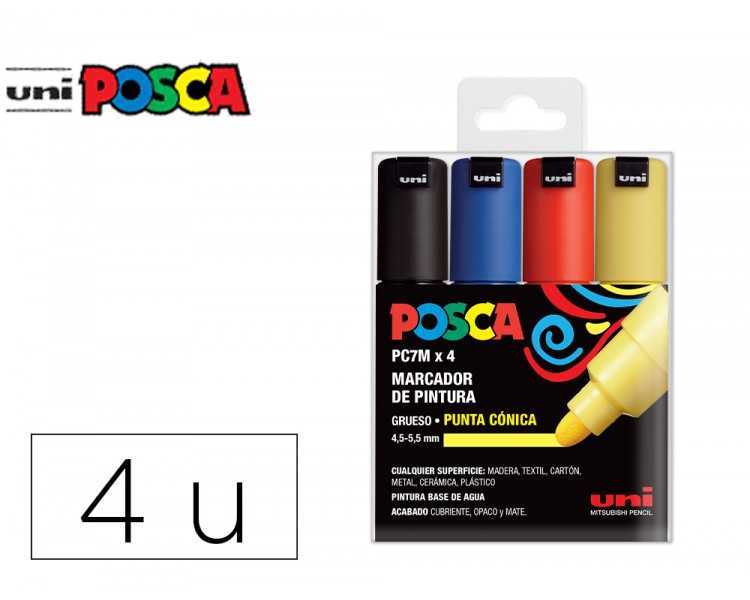Rotulador uni posca pc-7m/4c marcador de pintura punta conica 4,5-5,5 mm estuche de 4 unidades colores basicos