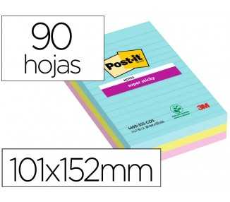 Bloc de notas adhesivas quita y pon post-it super sticky cosmic rayado 90 hojas 101x152 mm paquete de 3 unidades