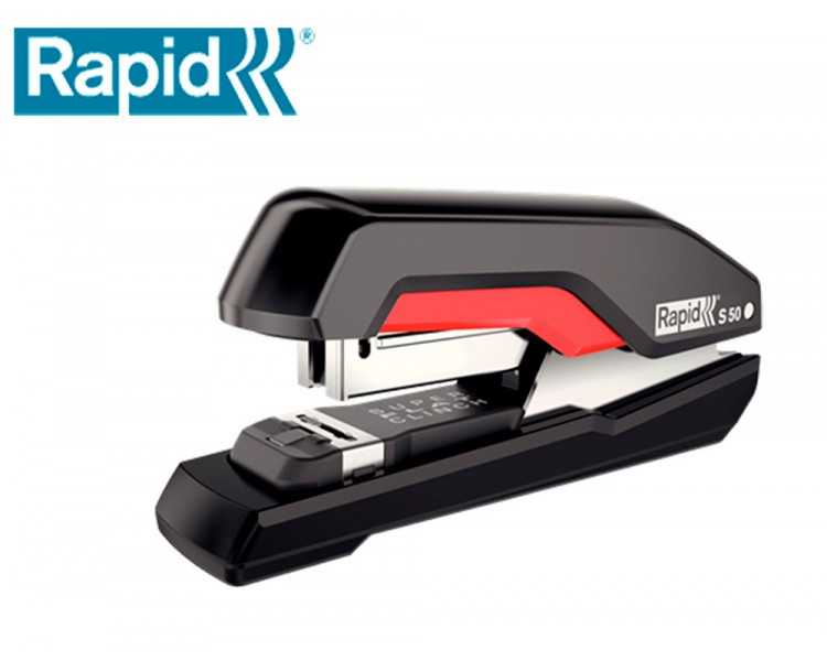 Grapadora rapid supreme s50 plastico capacidad de grapado 50 hojas usa grapas 24/6-8+ y 26/6-8+ color negro/rojo