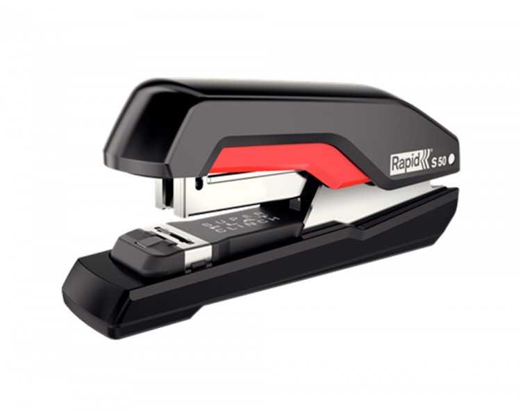 Grapadora rapid supreme s50 plastico capacidad de grapado 50 hojas usa grapas 24/6-8+ y 26/6-8+ color negro/rojo