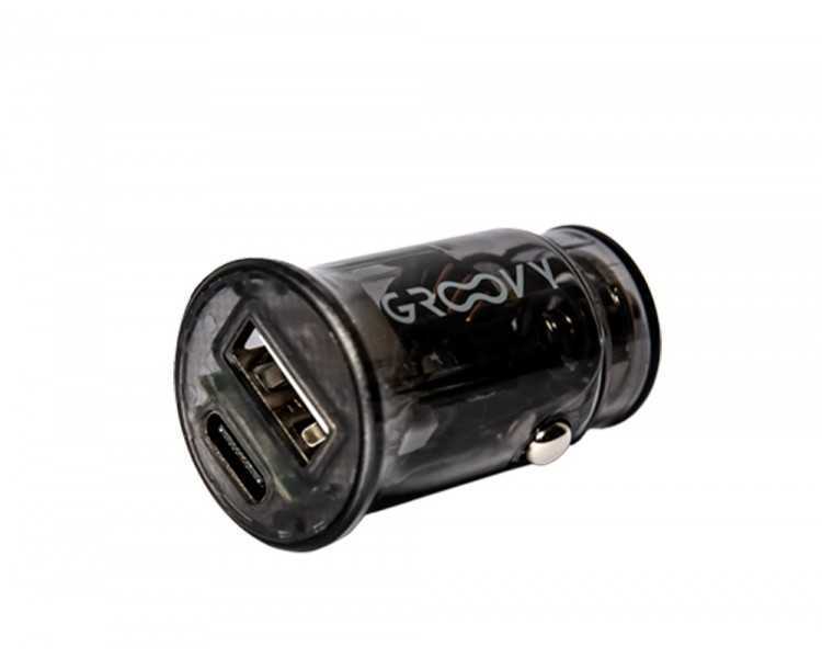 Cargador de coche groovy usb+tipo c 3.4a gris oscuro transparente