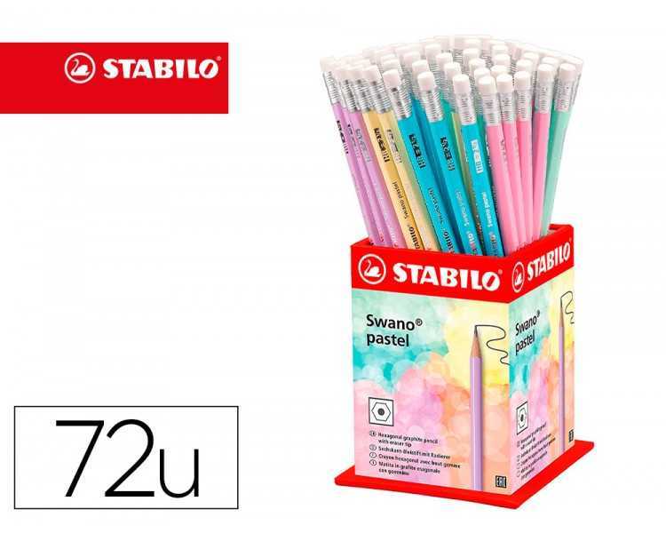 Lapices de grafito con goma stabilo swano mina 2,2 mm dureza hb expositor de 72 unidades colores pasteles