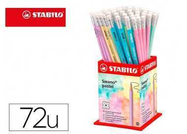 Lapices de grafito con goma stabilo swano mina 2,2 mm dureza hb expositor de 72 unidades colores pasteles