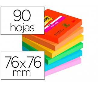 Bloc de notas adhesivas quita y pon post-it super sticky playful 76x76 mm 90 hojas 100% pefc pack de 6 unidades