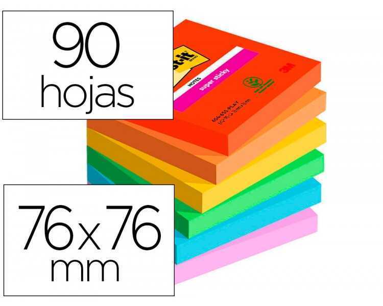 Bloc de notas adhesivas quita y pon post-it super sticky playful 76x76 mm 90 hojas 100% pefc pack de 6 unidades