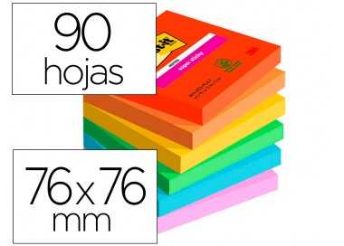 Bloc de notas adhesivas quita y pon post-it super sticky playful 76x76 mm 90 hojas 100% pefc pack de 6 unidades