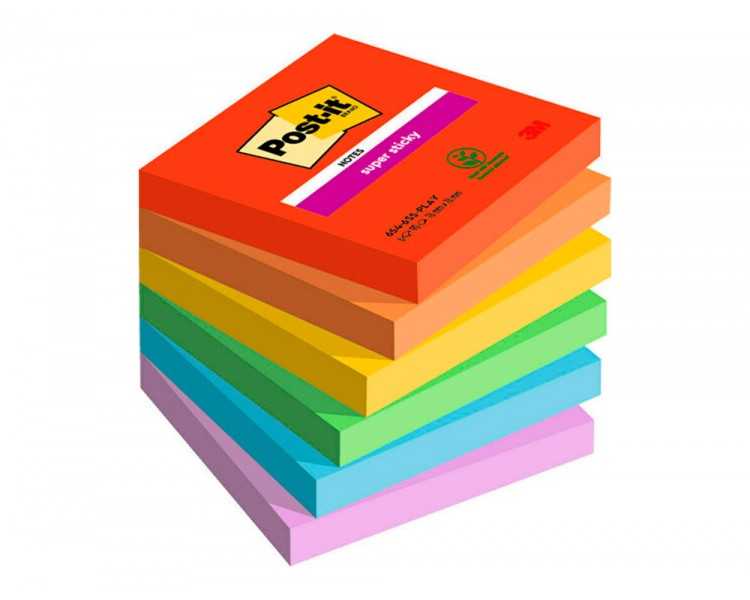 Bloc de notas adhesivas quita y pon post-it super sticky playful 76x76 mm 90 hojas 100% pefc pack de 6 unidades