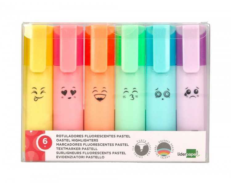 Rotulador liderpapel fluorescente pastel punta biselada estuche de 6 unidades colores surtidos