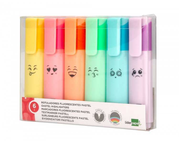 Rotulador liderpapel fluorescente pastel punta biselada estuche de 6 unidades colores surtidos