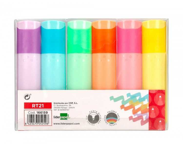 Rotulador liderpapel fluorescente pastel punta biselada estuche de 6 unidades colores surtidos