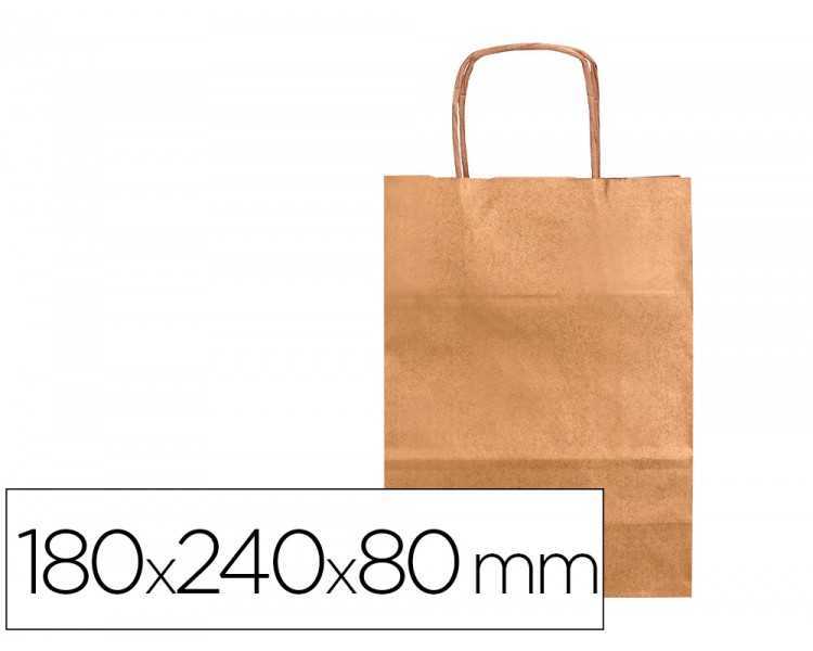 Bolsa papel q-connect kraft natural liso xs con asa retorcida 180x240x80 mm