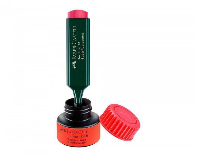 Tinta rotulador faber castell textliner fluorescente 1549 con sistema capilar color rojo bote 30 ml