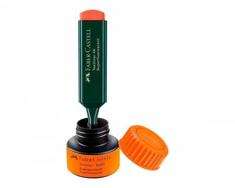 Tinta rotulador faber castell textliner fluorescente 1549 con sistema capilar color naranja bote 30 ml