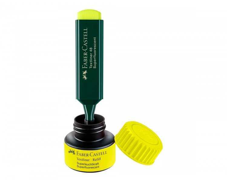 Tinta rotulador faber castell textliner fluorescente 1549 con sistema capilar color amarillo bote 30 ml