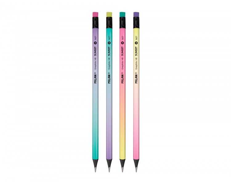 Lapices de grafito milan sunset hb madera negra de tilo con goma de borrar colores surtidos