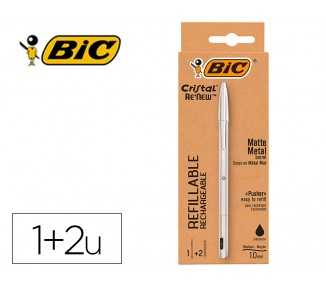 Boligrafo bic cristal renew cuerpo en aluminio mate tinta negro + 2 recambios en caja de carton
