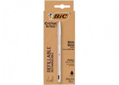 Boligrafo bic cristal renew cuerpo en aluminio mate tinta negro + 2 recambios en caja de carton