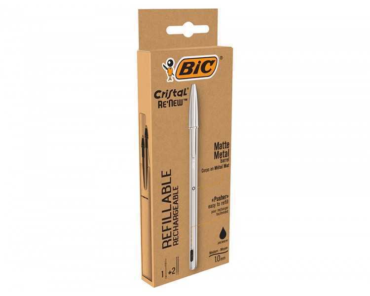 Boligrafo bic cristal renew cuerpo en aluminio mate tinta negro + 2 recambios en caja de carton