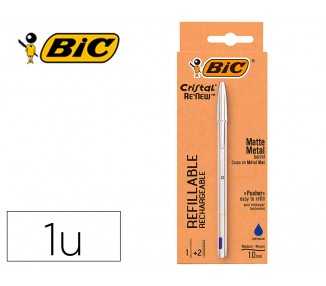 Boligrafo bic cristal renew cuerpo en aluminio mate tinta azul + 2 recambios en caja de carton