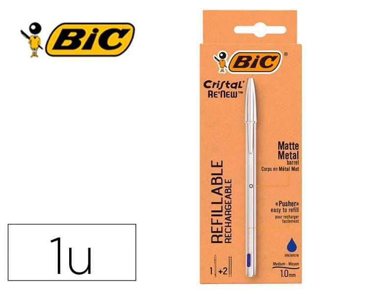Boligrafo bic cristal renew cuerpo en aluminio mate tinta azul + 2 recambios en caja de carton