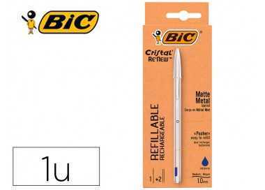 Boligrafo bic cristal renew cuerpo en aluminio mate tinta azul + 2 recambios en caja de carton