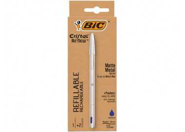 Boligrafo bic cristal renew cuerpo en aluminio mate tinta azul + 2 recambios en caja de carton