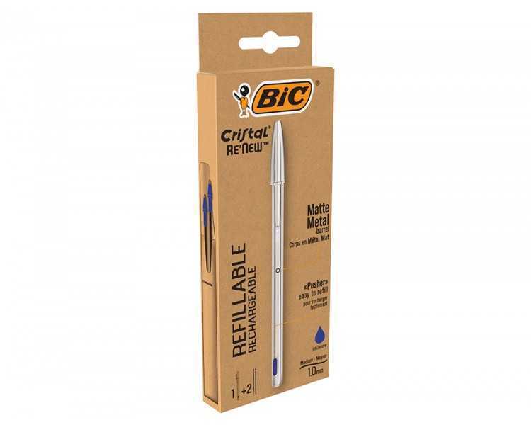 Boligrafo bic cristal renew cuerpo en aluminio mate tinta azul + 2 recambios en caja de carton