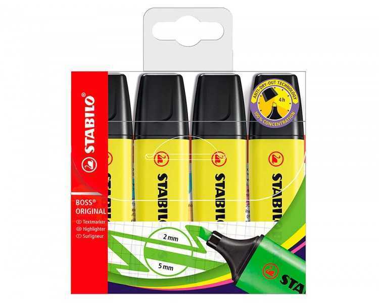 Rotulador stabilo boss fluorescente 70 amarillo estuche de 4 unidades