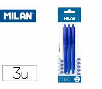 Boligrafo milan p1 retractil 1 mm touch azul blister de 3 unidades
