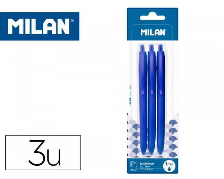 Boligrafo milan p1 retractil 1 mm touch azul blister de 3 unidades