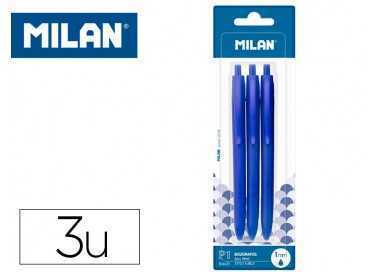 Boligrafo milan p1 retractil 1 mm touch azul blister de 3 unidades