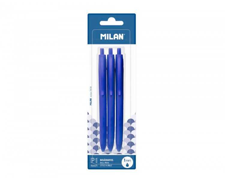 Boligrafo milan p1 retractil 1 mm touch azul blister de 3 unidades