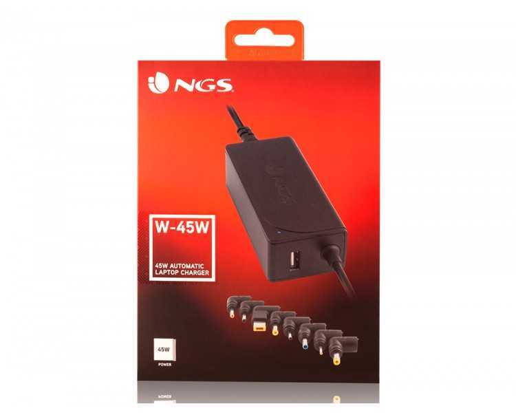 Adaptador de corriente ngs automatic 45w con 8 adaptadores y salida usb 2a