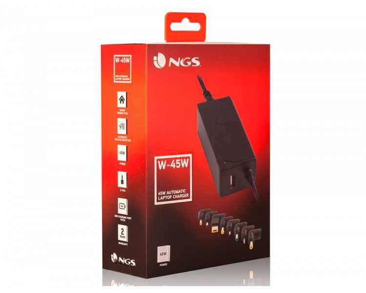Adaptador de corriente ngs automatic 45w con 8 adaptadores y salida usb 2a