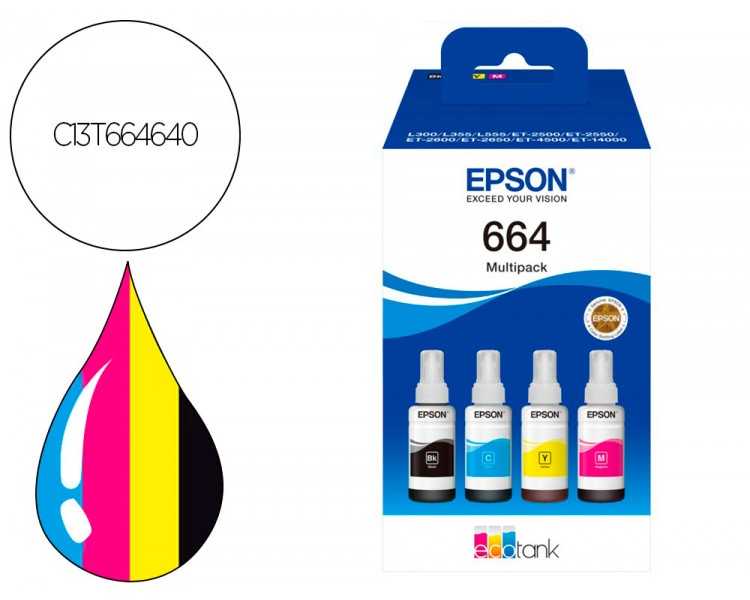 Ink-epson /664 4 clr multipack (bk / c / m / y) ecotank l300 / l355 / l555 / et-2500 / et-2550 / et-2600 /