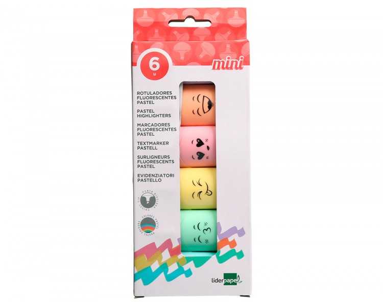Rotulador liderpapel mini fluorescente pastel punta biselada estuche de 6 unidades colores surtidos