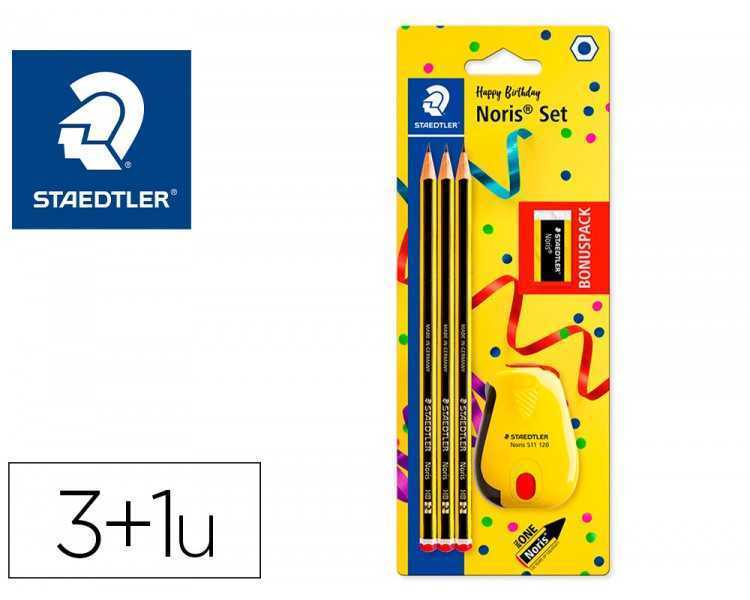 Lapices de grafito staedtler noris n.2 hb blister promocional 120 anivers de 3 uds + afilalapiz con deposito