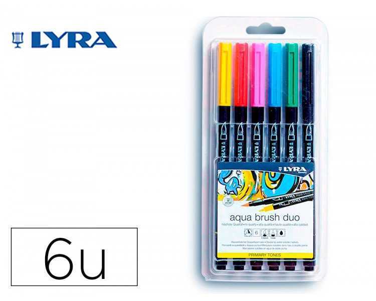 Rotulador lyra aqua brush acuarelable doble punta y pincel tonos primarios blister de 6 unidades