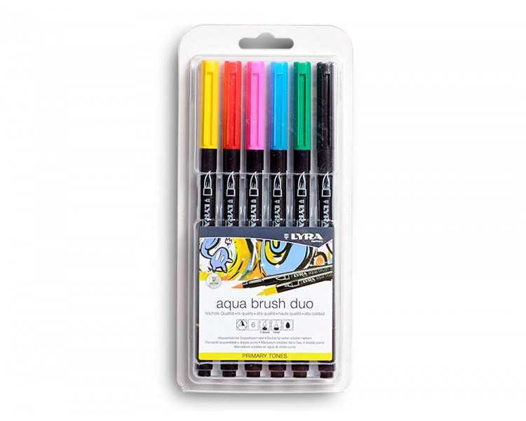 Rotulador lyra aqua brush acuarelable doble punta y pincel tonos primarios blister de 6 unidades