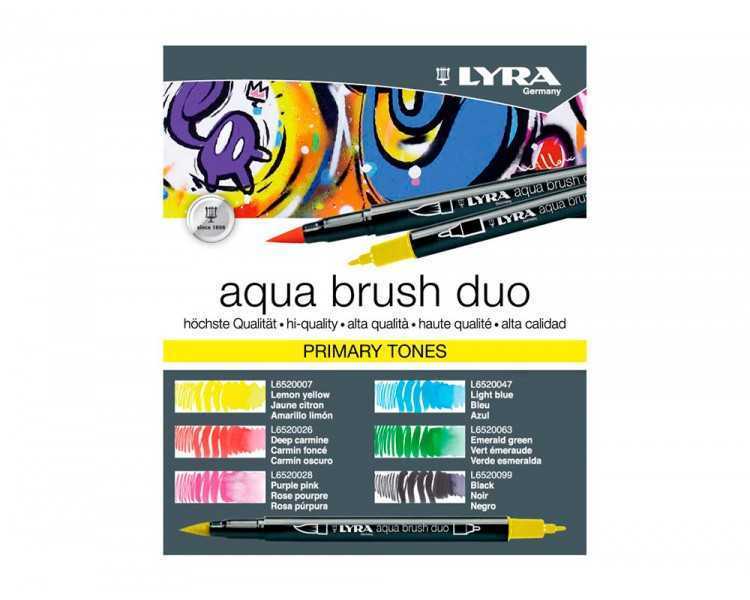 Rotulador lyra aqua brush acuarelable doble punta y pincel tonos primarios blister de 6 unidades