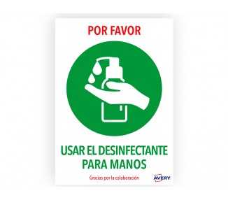 Señal adhesiva avery usar el desinfectante para las manos din a4 resistente a los rayos uv pack de 2 unidades