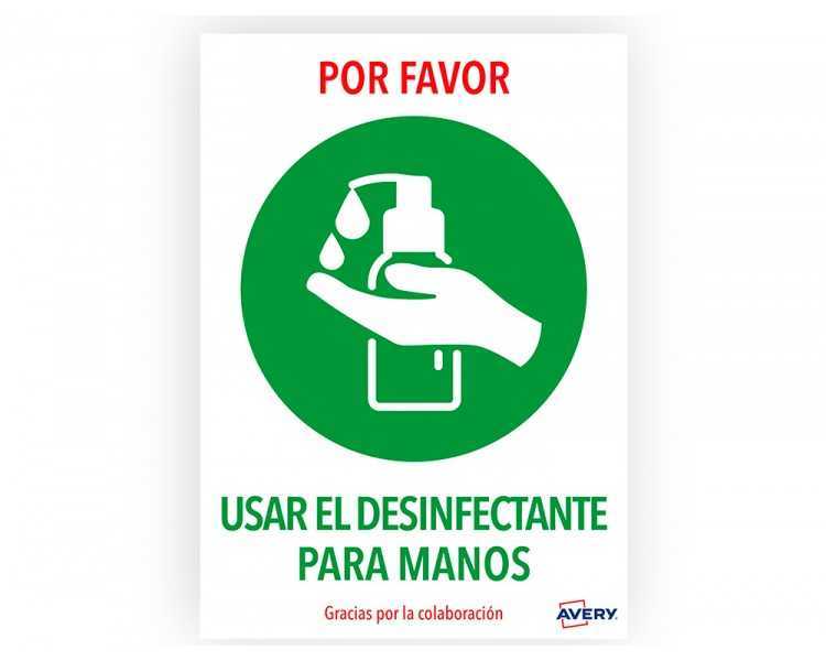 Señal adhesiva avery usar el desinfectante para las manos din a4 resistente a los rayos uv pack de 2 unidades