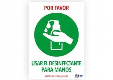 Señal adhesiva avery usar el desinfectante para las manos din a4 resistente a los rayos uv pack de 2 unidades